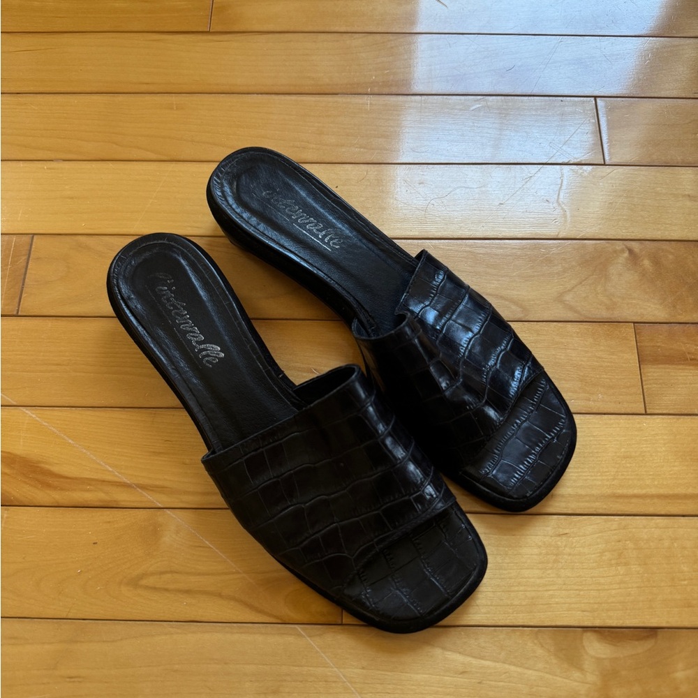 Black Croc Leather Low Heeled Slide Sandals